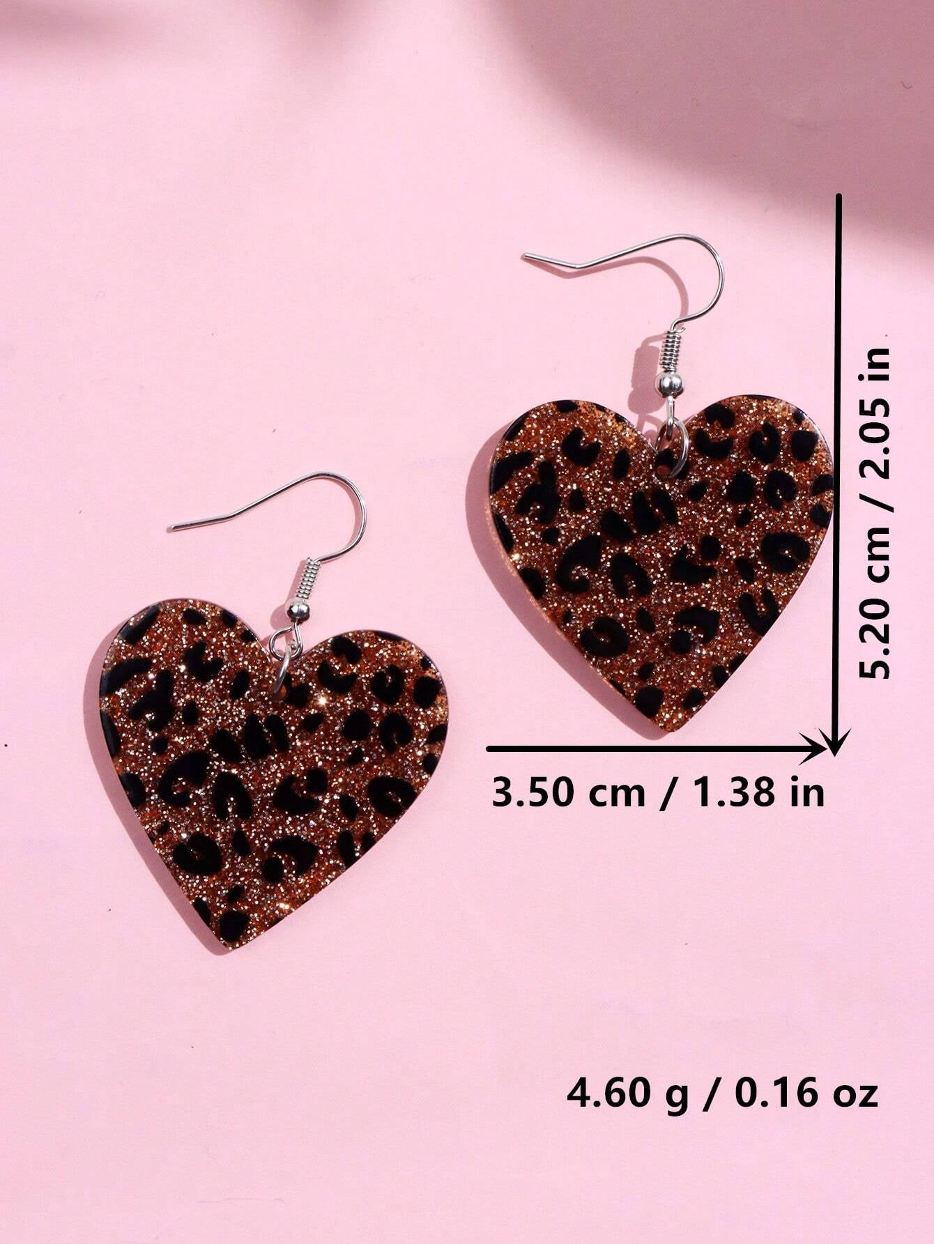 1Pair Cute & Fashionable Acrylic Sparkly Pink Leopard Print Heart Shaped Dangle Earrings for Women Valentines