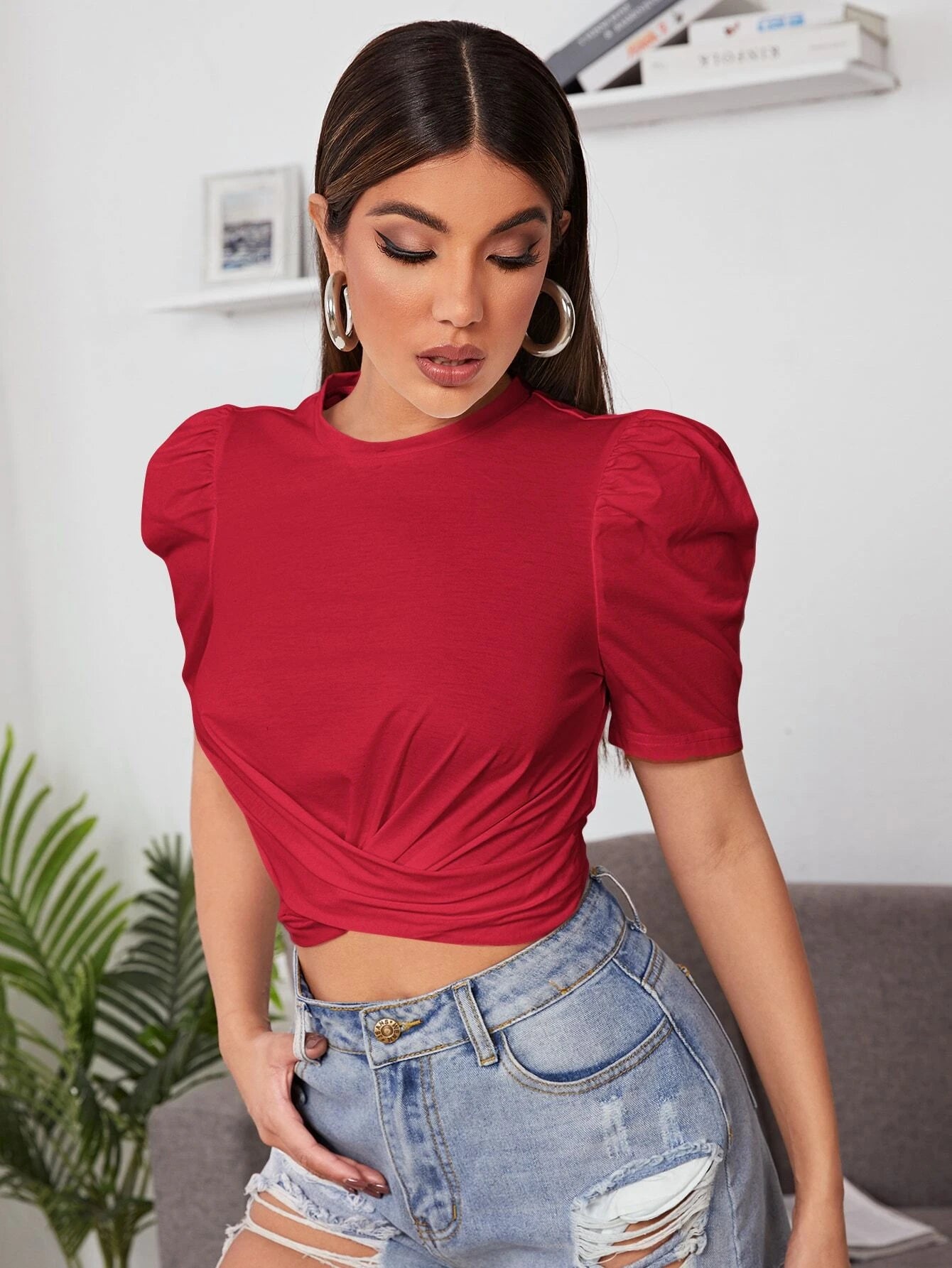 Privé Puff Sleeve Cross Wrap Crop Top