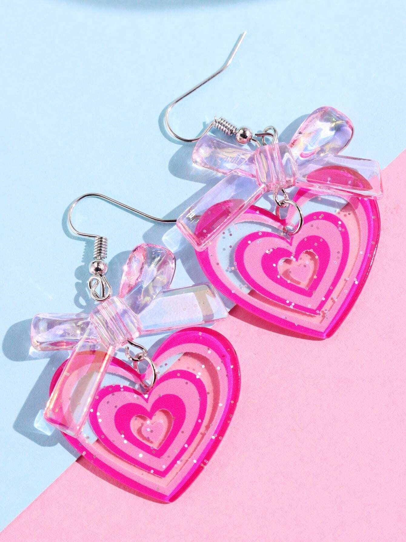 1Pair Cute & Fashionable Acrylic Sparkly Pink Leopard Print Heart Shaped Dangle Earrings for Women Valentines