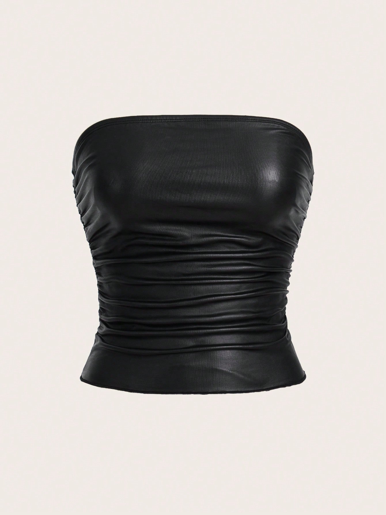 Faux Stretch-Leather Black Pleated Strapless Top