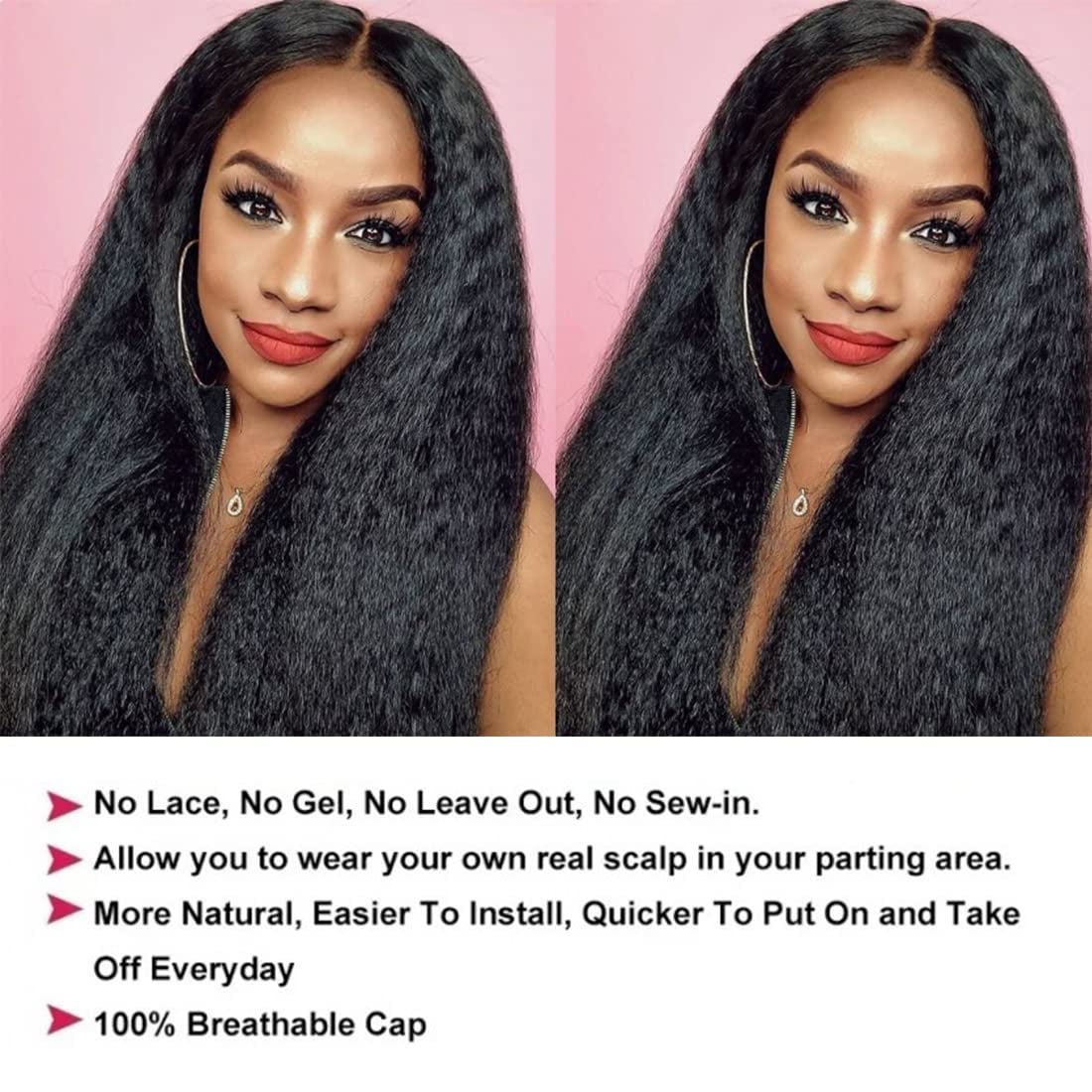 10A V Kinky Straight Wig, Human Hair, No Leave Out, Upgraded U Part, Glueless Wigs for Women, Brazilian Yaki Straight, Beginner Friendly, 150% Density, 24Inch