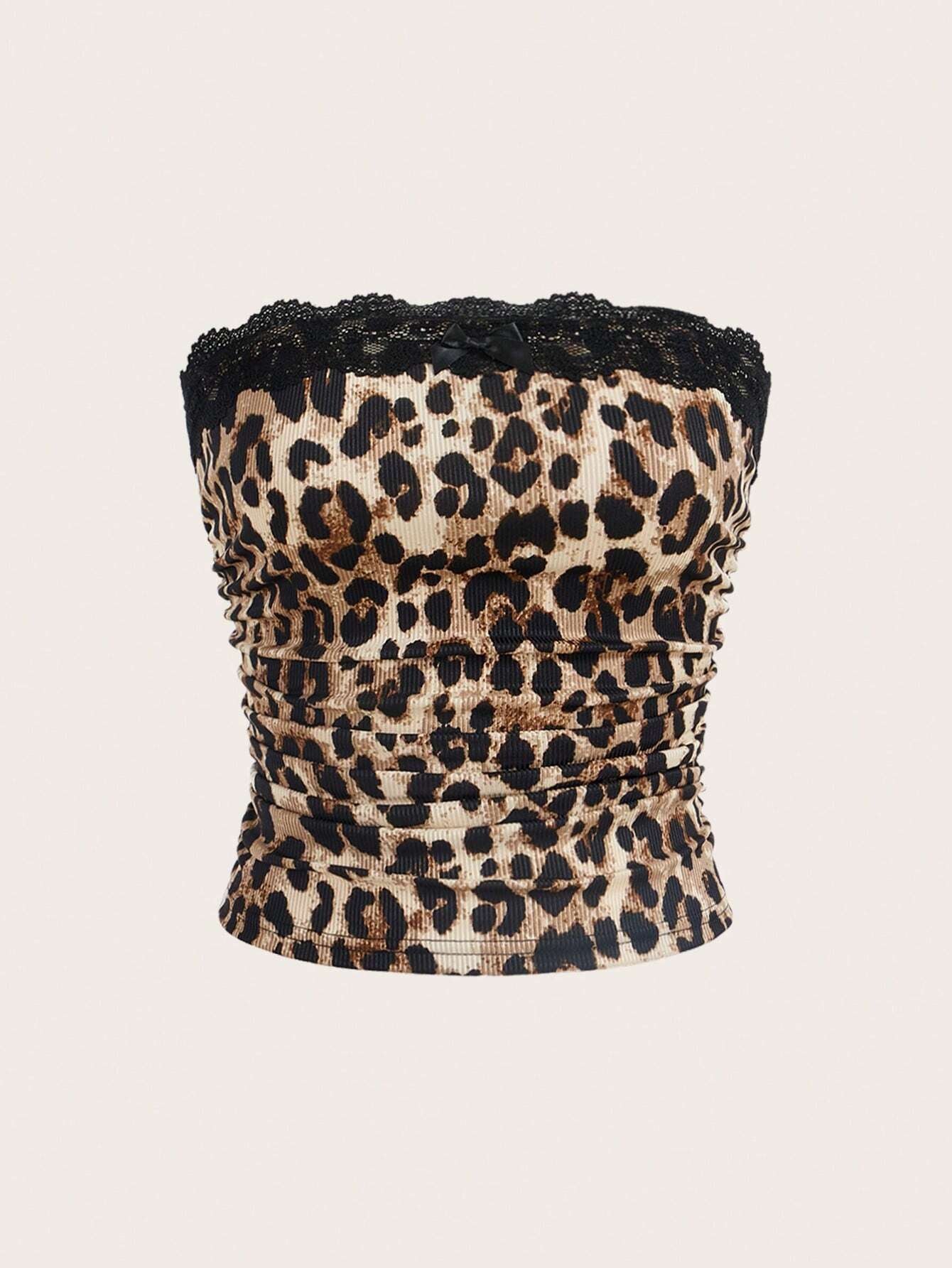 Ezwear plus Size Leopard Print Lace Trim Backless Camisole Top for Women