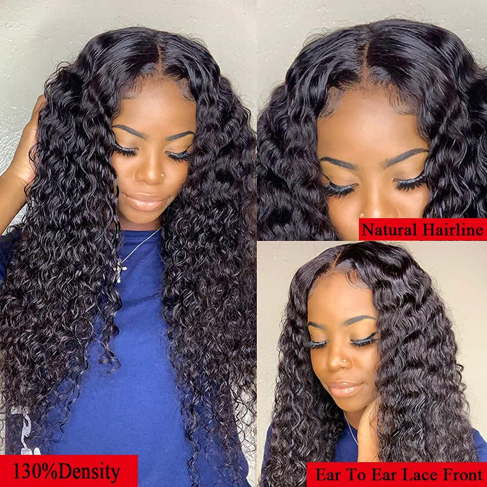 T-Part Lace Front Human Hair Wig for Black Women,Middle Part Kinky Curly Lace Frontal Wig with Baby Hair Glueless Natural Black 130% Density （13X4X1 Lace Front 24Inch）