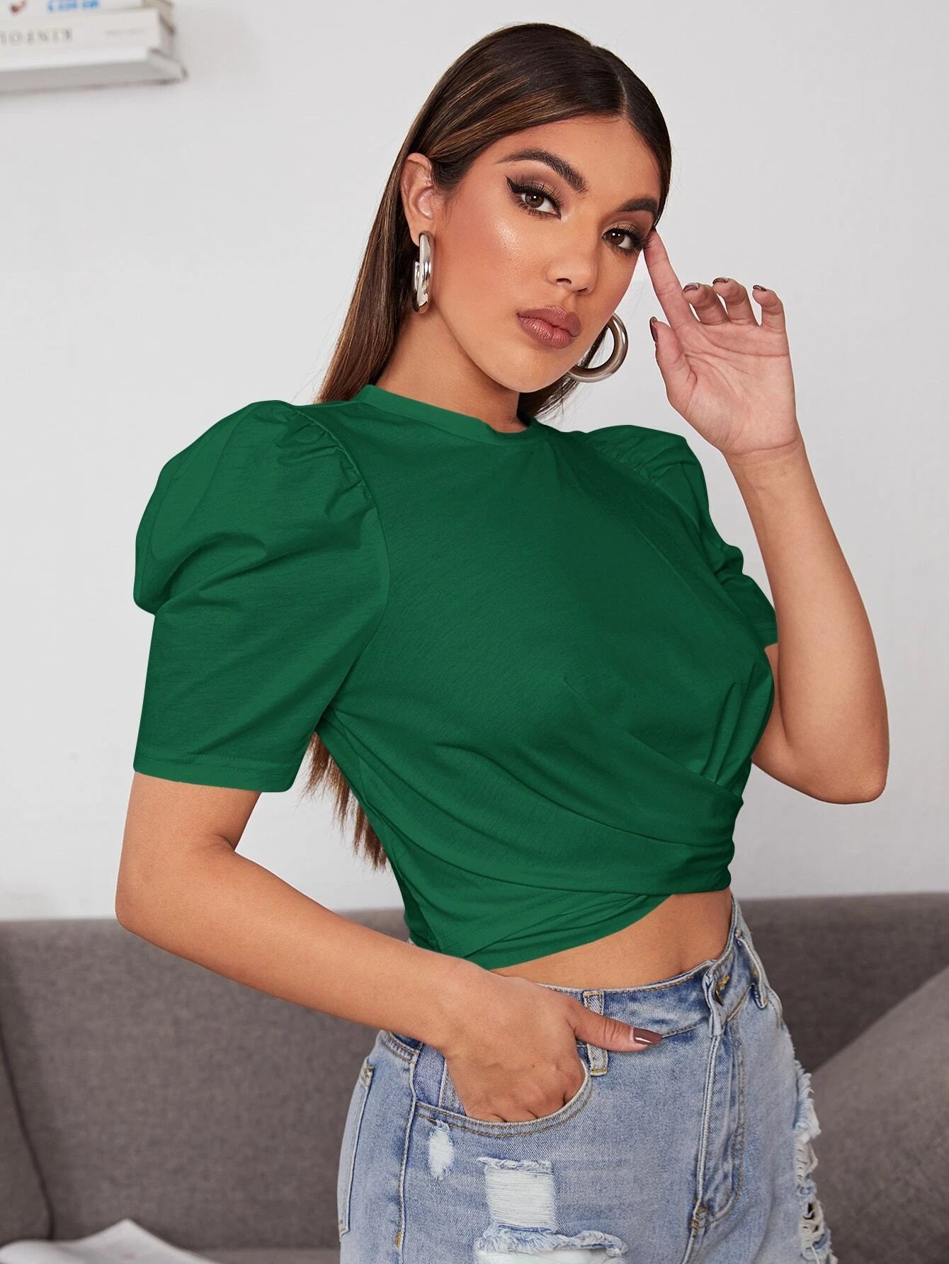 Privé Puff Sleeve Cross Wrap Crop Top