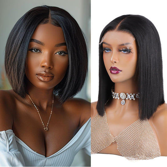 12 Inch Real HD Lace Bob Wigs Human Hair, 180% Density Yaki Straight Closure Wigs Human Hair 5X5 Invisible HD Lace Short Bob Wig Pre Plucked Bleached Knots Glueless Bob Wig with Baby Hair