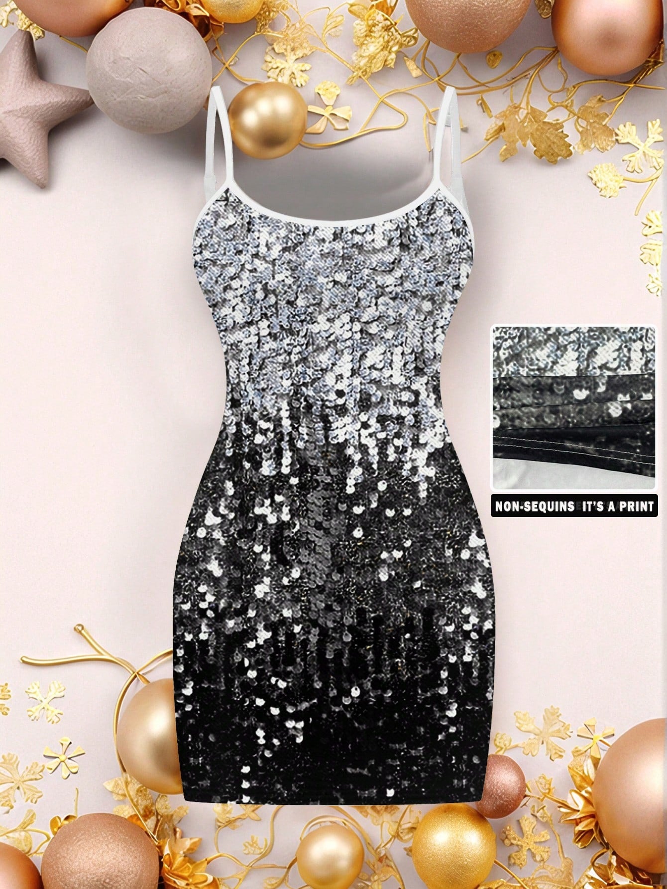 Ezwear Casual Party Glitter Sequin Design Simple Mini Bodycon Gold Cami Dress for Women, Suitable for Party Occasions