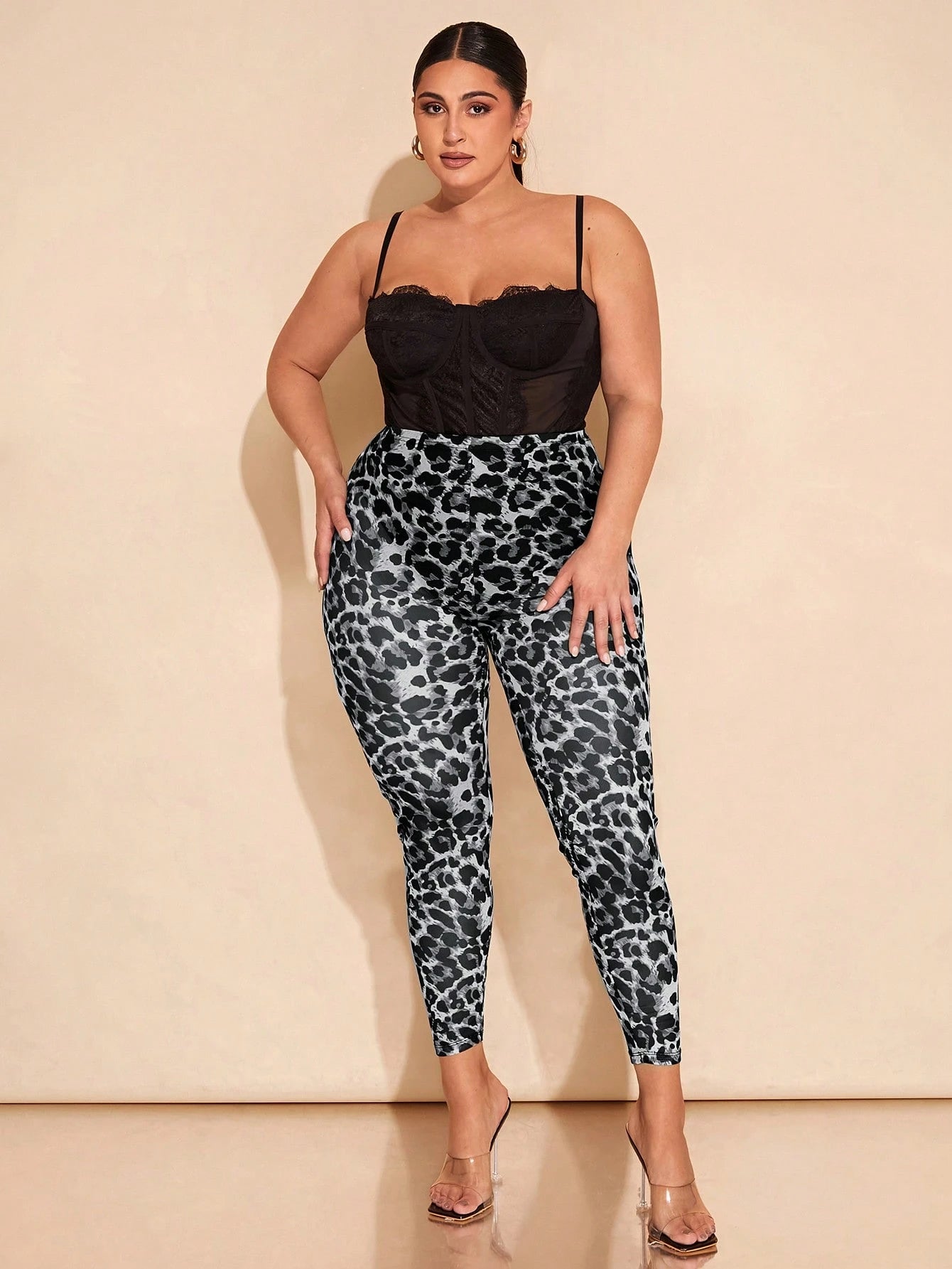 BAE plus Size Women'S Summer Brown Leopard Leggings, Birthday, Elegant, Basic, Christmas, Valentine'S Day, Music Festival,Chocolate,Minimalism,High Waist, Narrow Feet