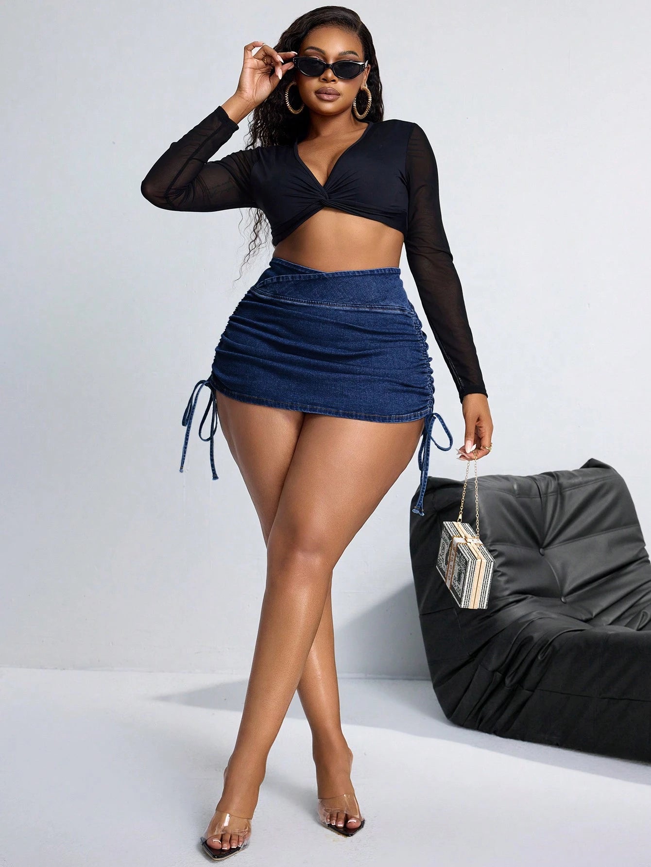 SXY plus Size Women Asymmetric Waist Drawstring Bodycon Denim Mini Skirt