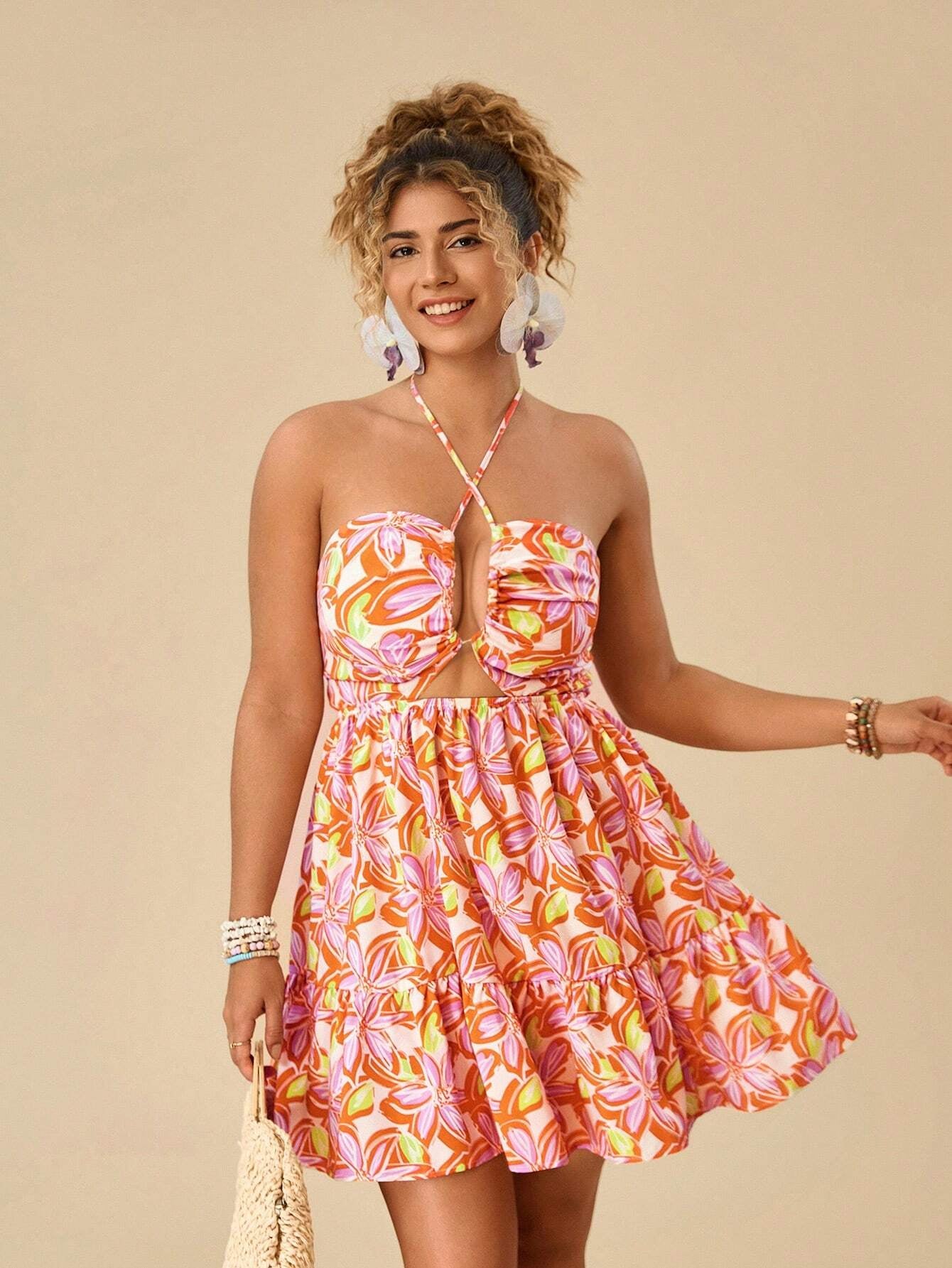 VCAY plus Size Vacation Romantic Pink Butterfly Print Backless A-Line Short Dress