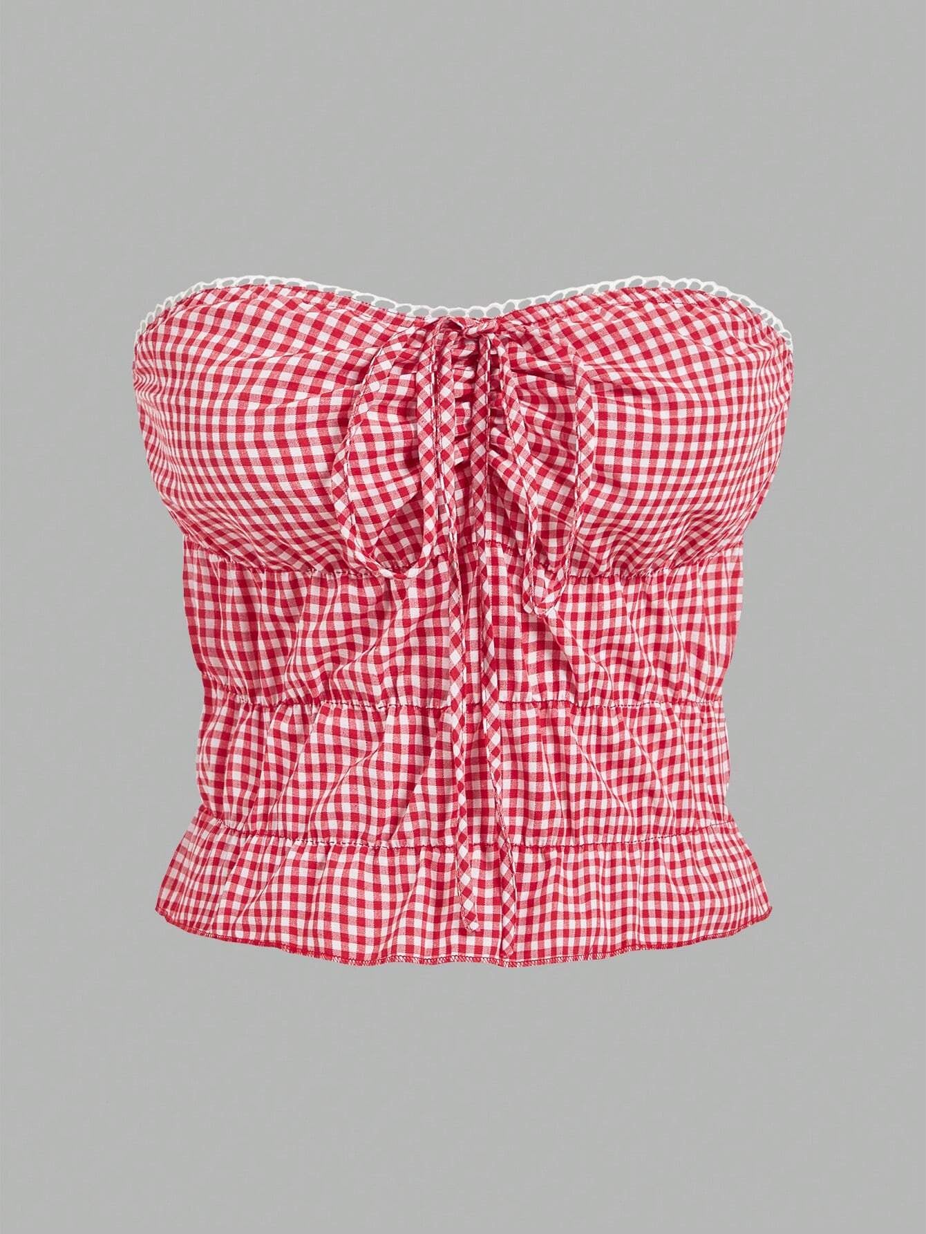 Sweetra plus Size Red Plaid Tube Top - Fashionable, Sexy Checkered Bow Tie Sweet Cropped Bandeau Top for New Year, for Summer