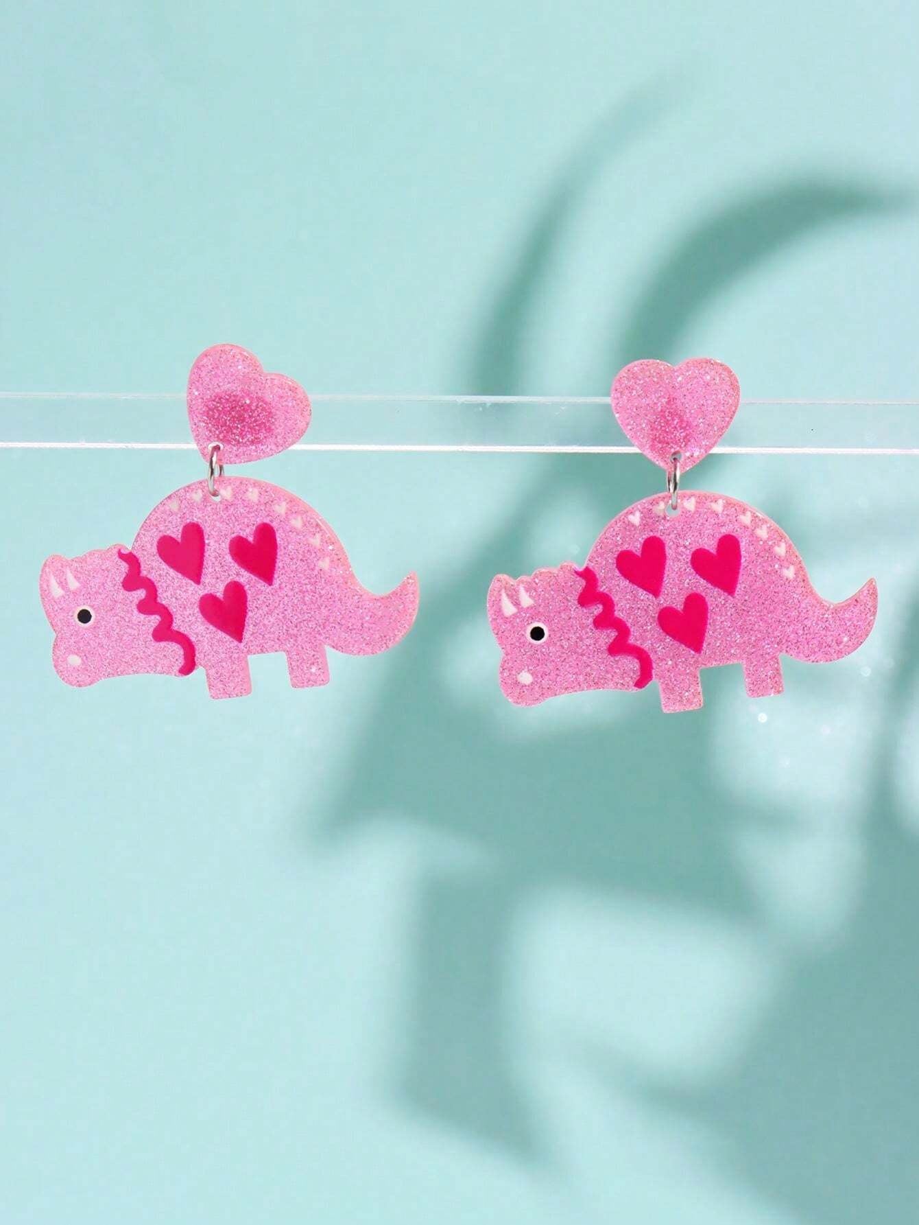 1Pair Cute & Fashionable Acrylic Sparkly Pink Leopard Print Heart Shaped Dangle Earrings for Women Valentines