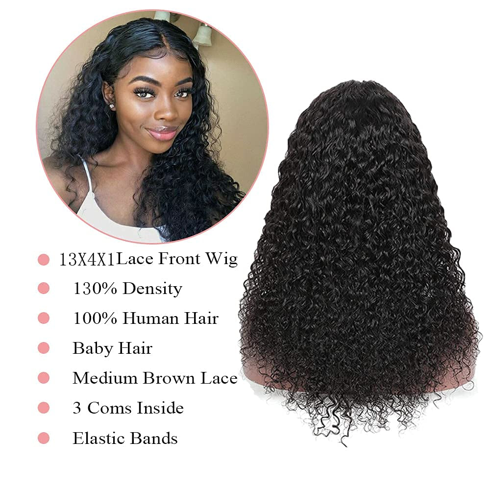 T-Part Lace Front Human Hair Wig for Black Women,Middle Part Kinky Curly Lace Frontal Wig with Baby Hair Glueless Natural Black 130% Density （13X4X1 Lace Front 24Inch）