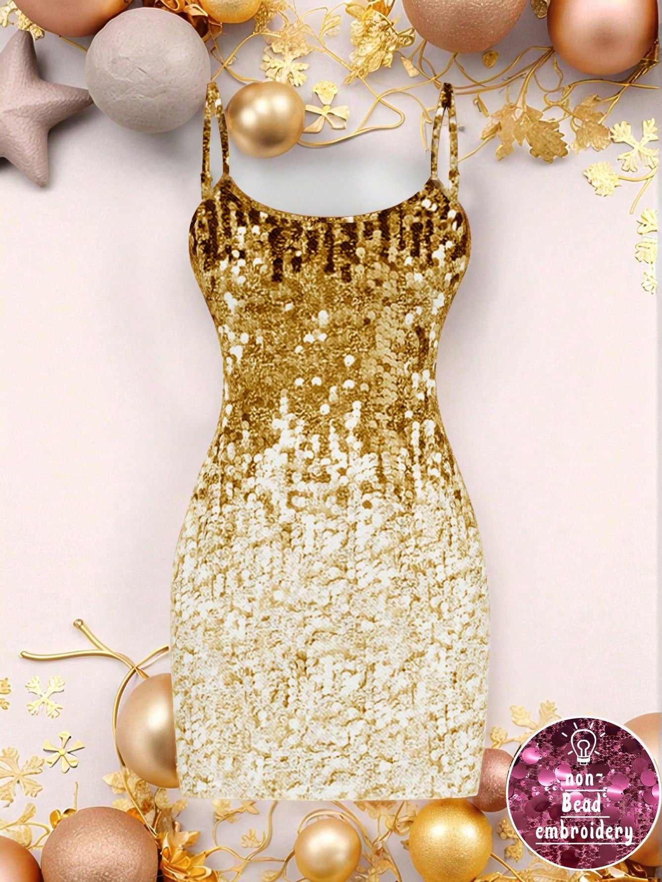 Ezwear Casual Party Glitter Sequin Design Simple Mini Bodycon Gold Cami Dress for Women, Suitable for Party Occasions