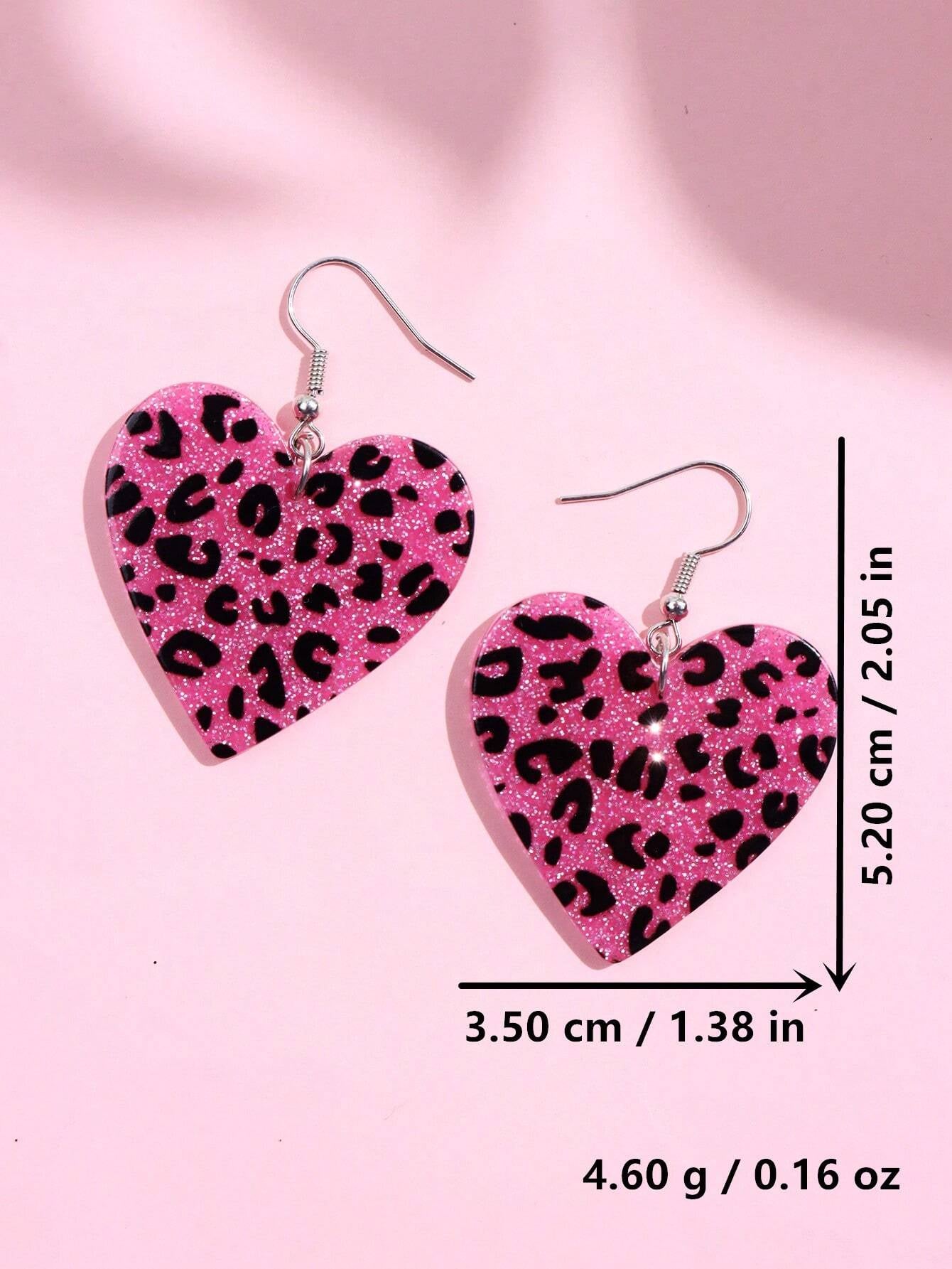 1Pair Cute & Fashionable Acrylic Sparkly Pink Leopard Print Heart Shaped Dangle Earrings for Women Valentines