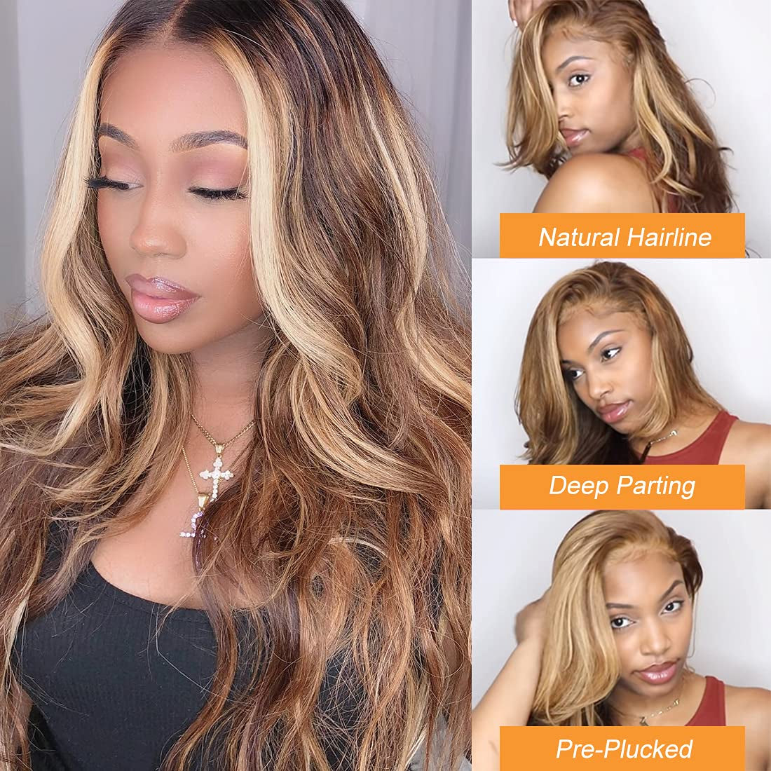 Honey Blonde 13X4 Lace Frontal Highlight Body Wave Human Hair Wigs for Black Women, Ombre Highlight Piano Colored Lace Frontal Wig Pre Plucked with Baby Hair 150% Density TL412 Color (20Inch)