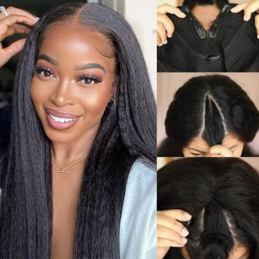 10A V Kinky Straight Wig, Human Hair, No Leave Out, Upgraded U Part, Glueless Wigs for Women, Brazilian Yaki Straight, Beginner Friendly, 150% Density, 24Inch