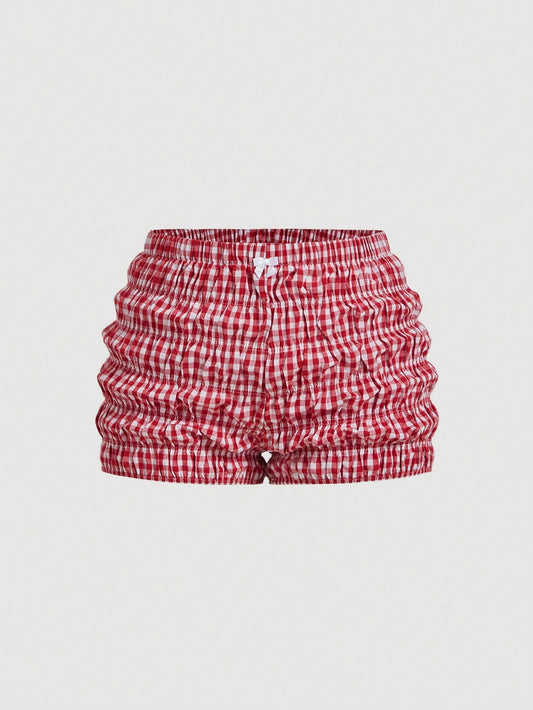 MOD plus Size Red & White Plaid Bow Decor Casual Shorts for Summer