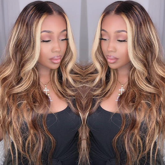 Honey Blonde 13X4 Lace Frontal Highlight Body Wave Human Hair Wigs for Black Women, Ombre Highlight Piano Colored Lace Frontal Wig Pre Plucked with Baby Hair 150% Density TL412 Color (20Inch)