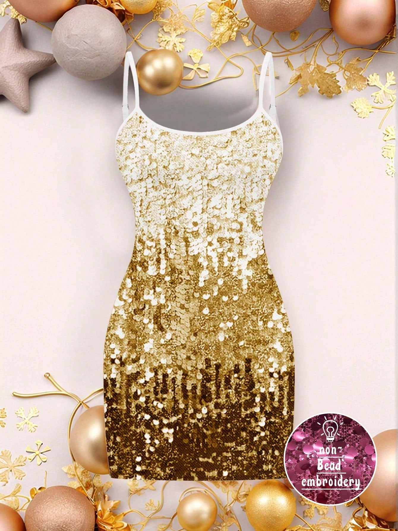 Ezwear Casual Party Glitter Sequin Design Simple Mini Bodycon Gold Cami Dress for Women, Suitable for Party Occasions