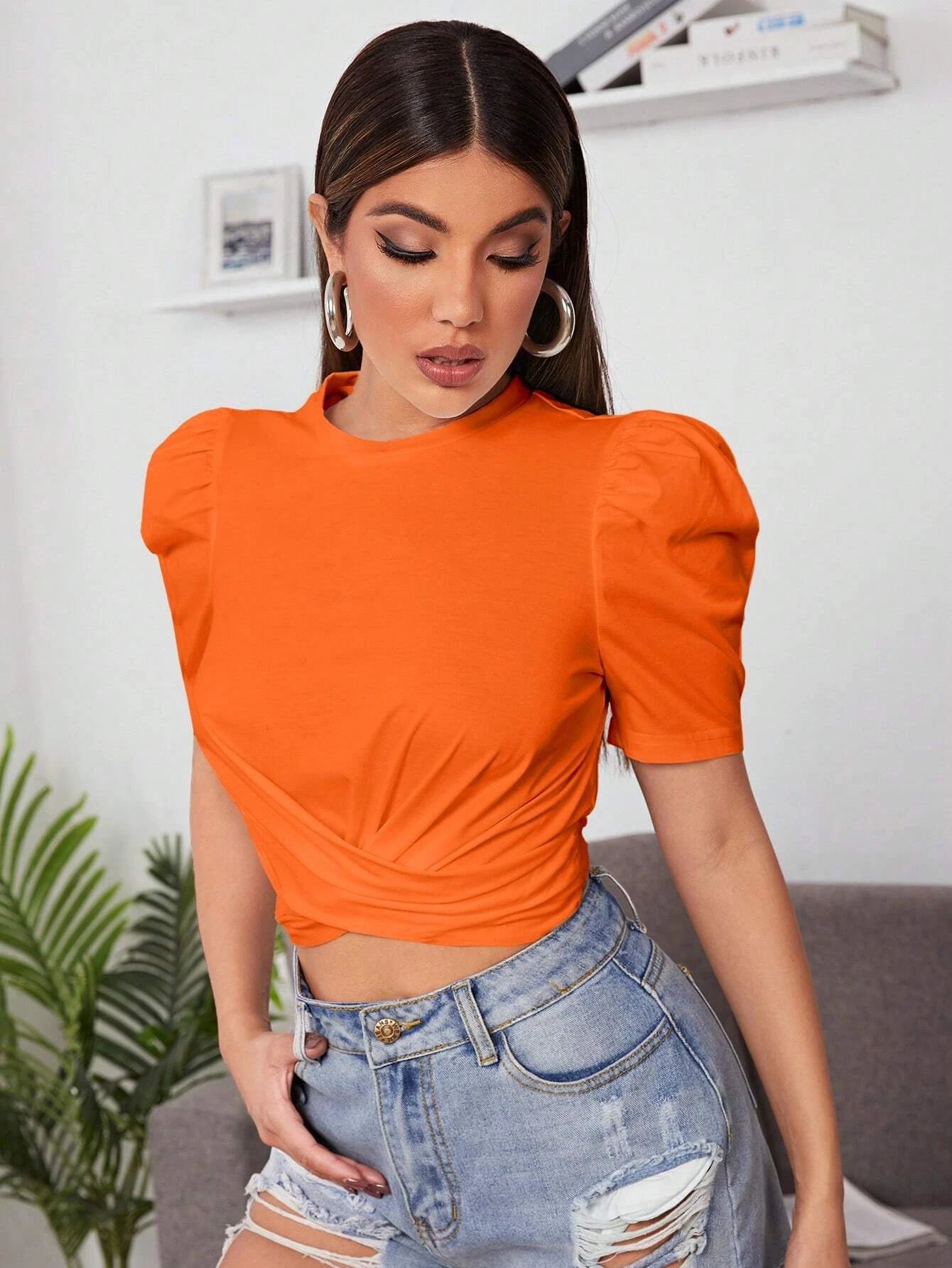 Privé Puff Sleeve Cross Wrap Crop Top