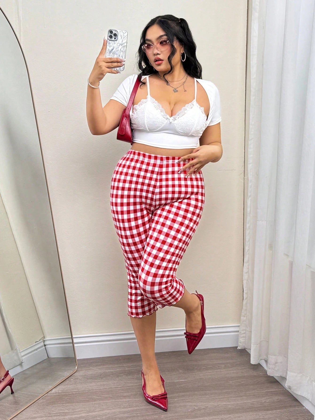 ICON plus Size Summer Red & White Picnic Plaid Pattern 3/4 Pants, for Spring