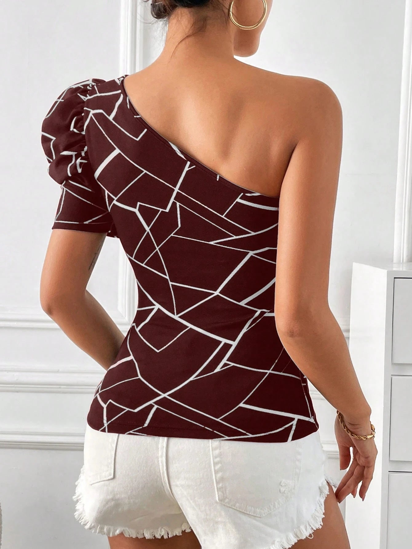 Privé Geo Print One Shoulder Puff Sleeve Tee