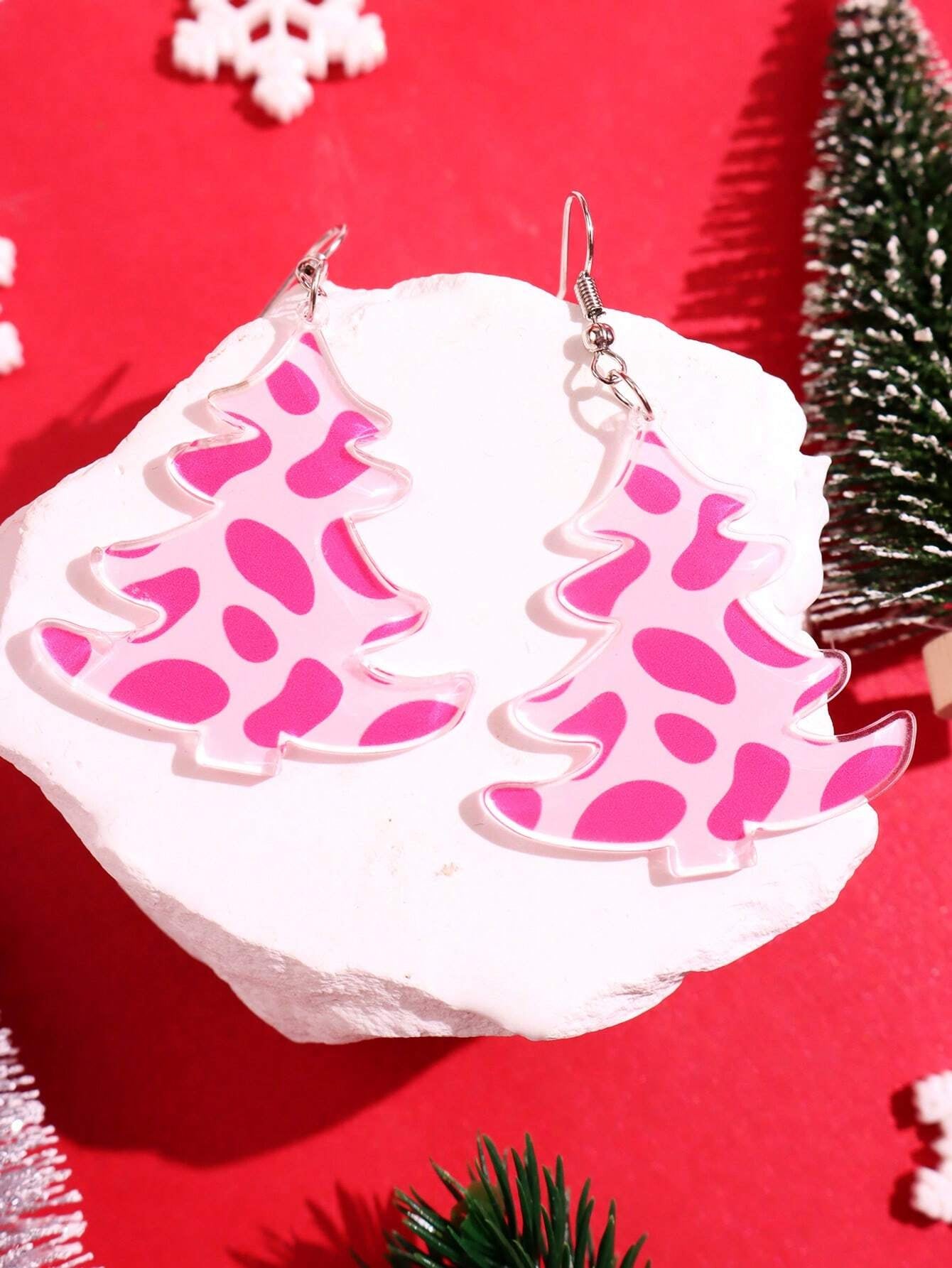 1Pair Cute & Fashionable Acrylic Sparkly Pink Leopard Print Heart Shaped Dangle Earrings for Women Valentines