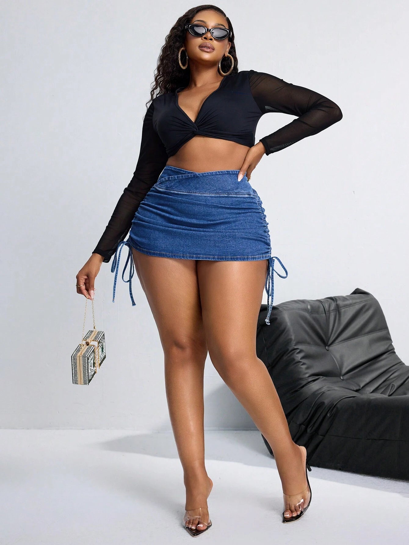 SXY plus Size Women Asymmetric Waist Drawstring Bodycon Denim Mini Skirt