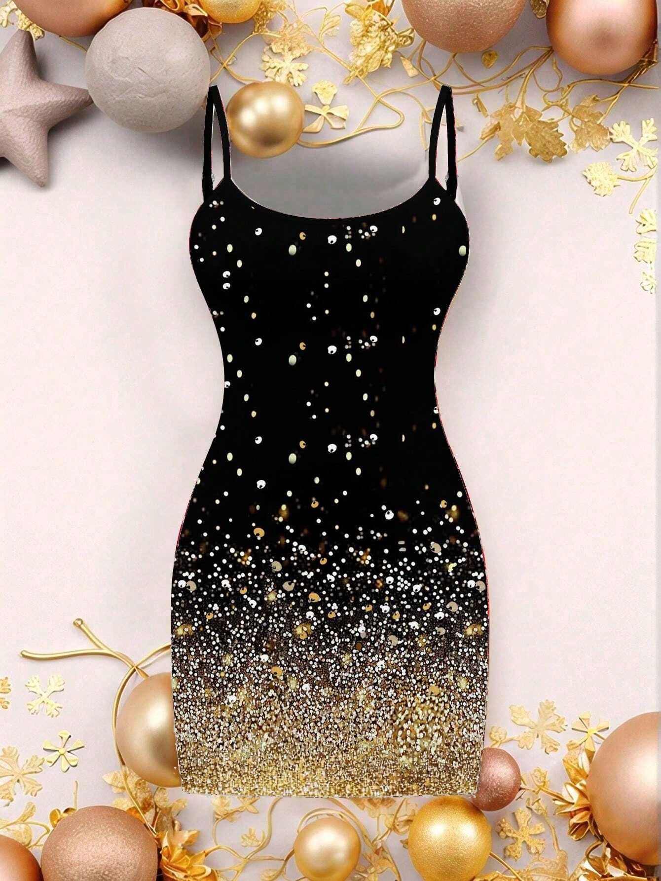 Ezwear Casual Party Glitter Sequin Design Simple Mini Bodycon Gold Cami Dress for Women, Suitable for Party Occasions