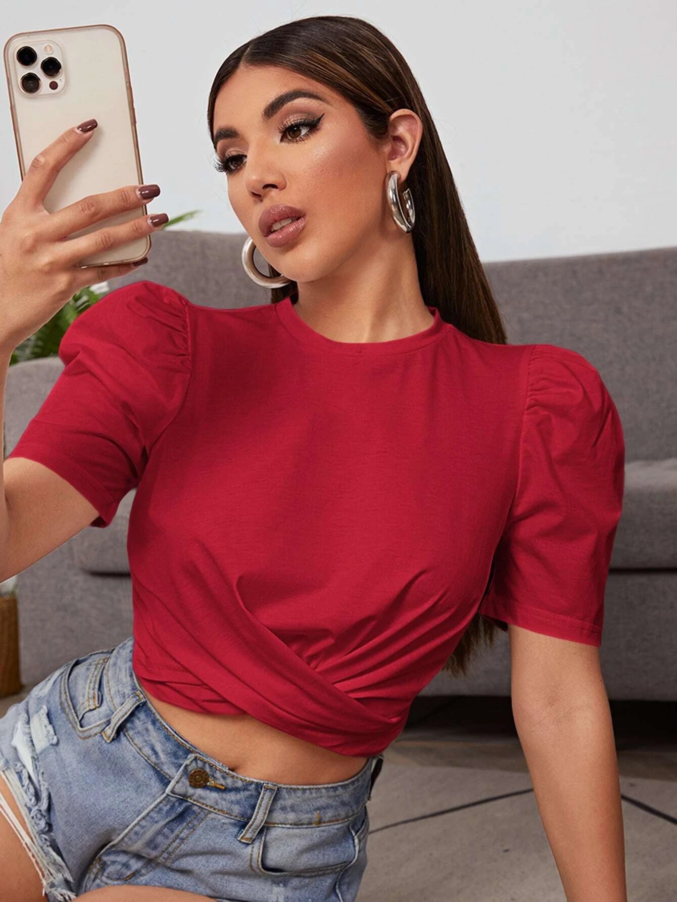 Privé Puff Sleeve Cross Wrap Crop Top