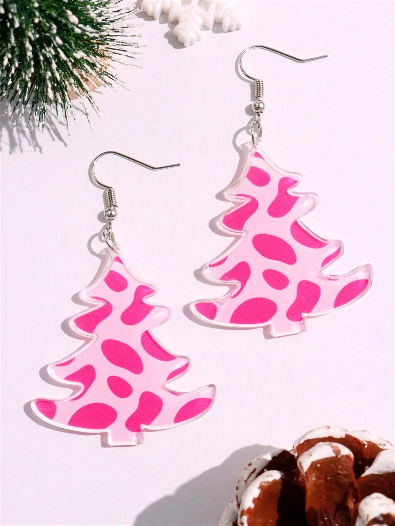 1Pair Cute & Fashionable Acrylic Sparkly Pink Leopard Print Heart Shaped Dangle Earrings for Women Valentines