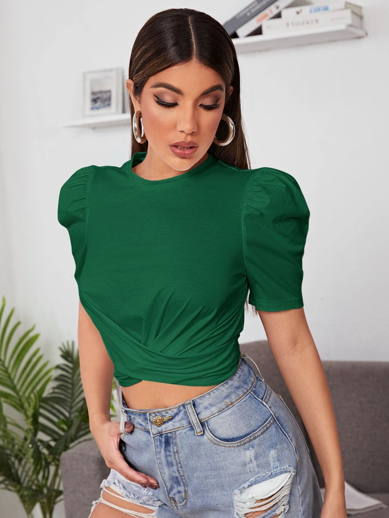 Privé Puff Sleeve Cross Wrap Crop Top