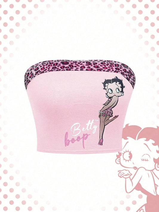 Betty Boop | ROMWE Cartoon Character & Leopard Print Slim Fit Cropped Tube Top, Summer