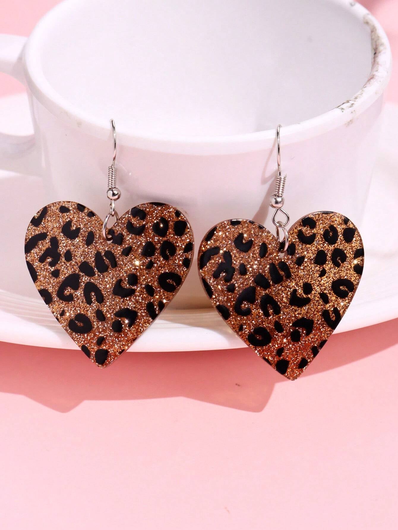 1Pair Cute & Fashionable Acrylic Sparkly Pink Leopard Print Heart Shaped Dangle Earrings for Women Valentines