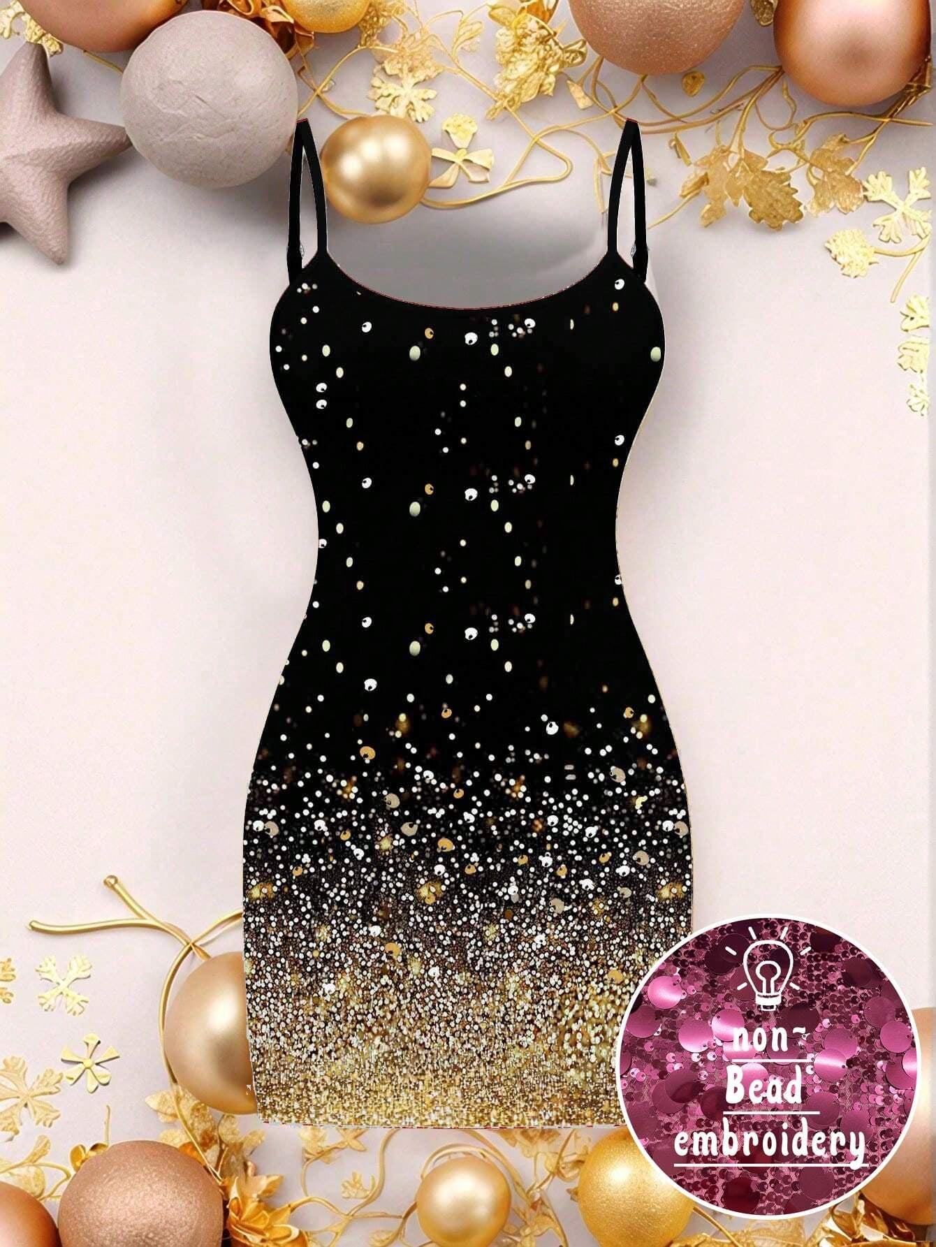 Ezwear Casual Party Glitter Sequin Design Simple Mini Bodycon Gold Cami Dress for Women, Suitable for Party Occasions