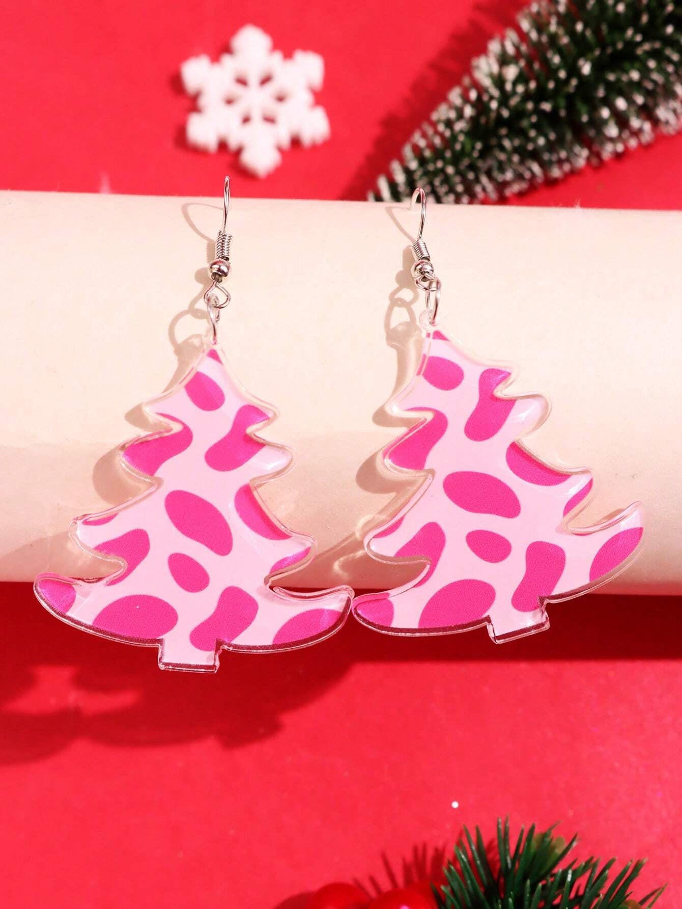 1Pair Cute & Fashionable Acrylic Sparkly Pink Leopard Print Heart Shaped Dangle Earrings for Women Valentines