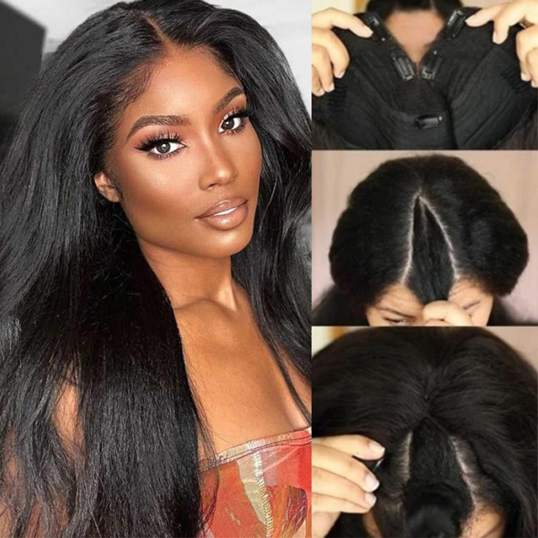 10A V Kinky Straight Wig, Human Hair, No Leave Out, Upgraded U Part, Glueless Wigs for Women, Brazilian Yaki Straight, Beginner Friendly, 150% Density, 24Inch