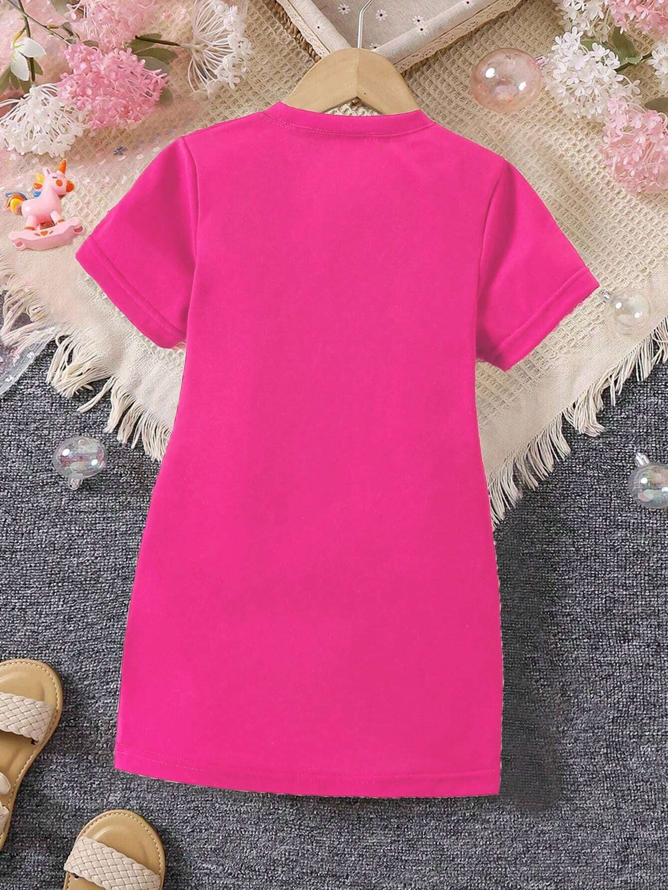 Young Girl Fashionable and Cute Short Sleeve T-Shirt Dress with Bowknot and Little Girl Print