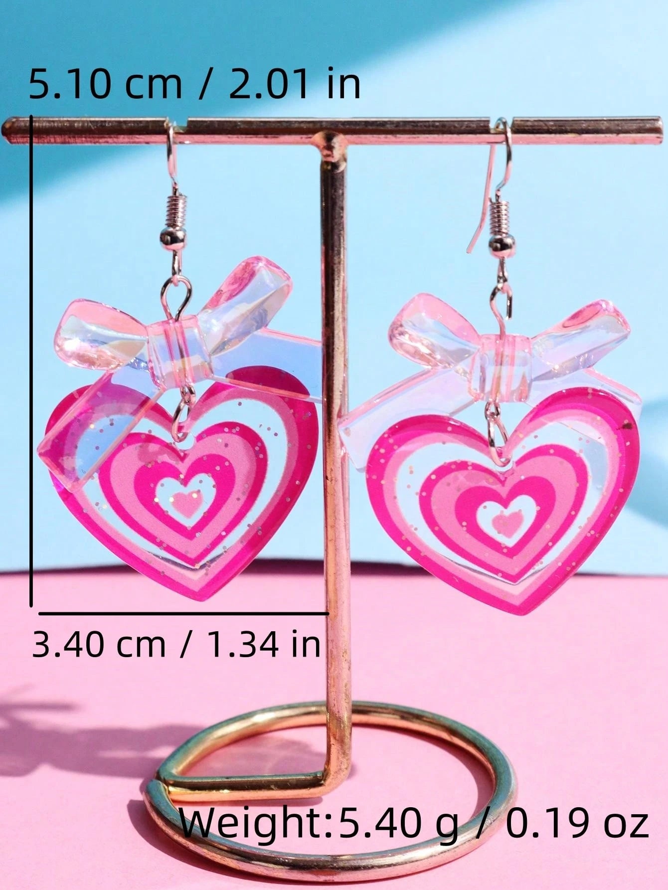 1Pair Cute & Fashionable Acrylic Sparkly Pink Leopard Print Heart Shaped Dangle Earrings for Women Valentines