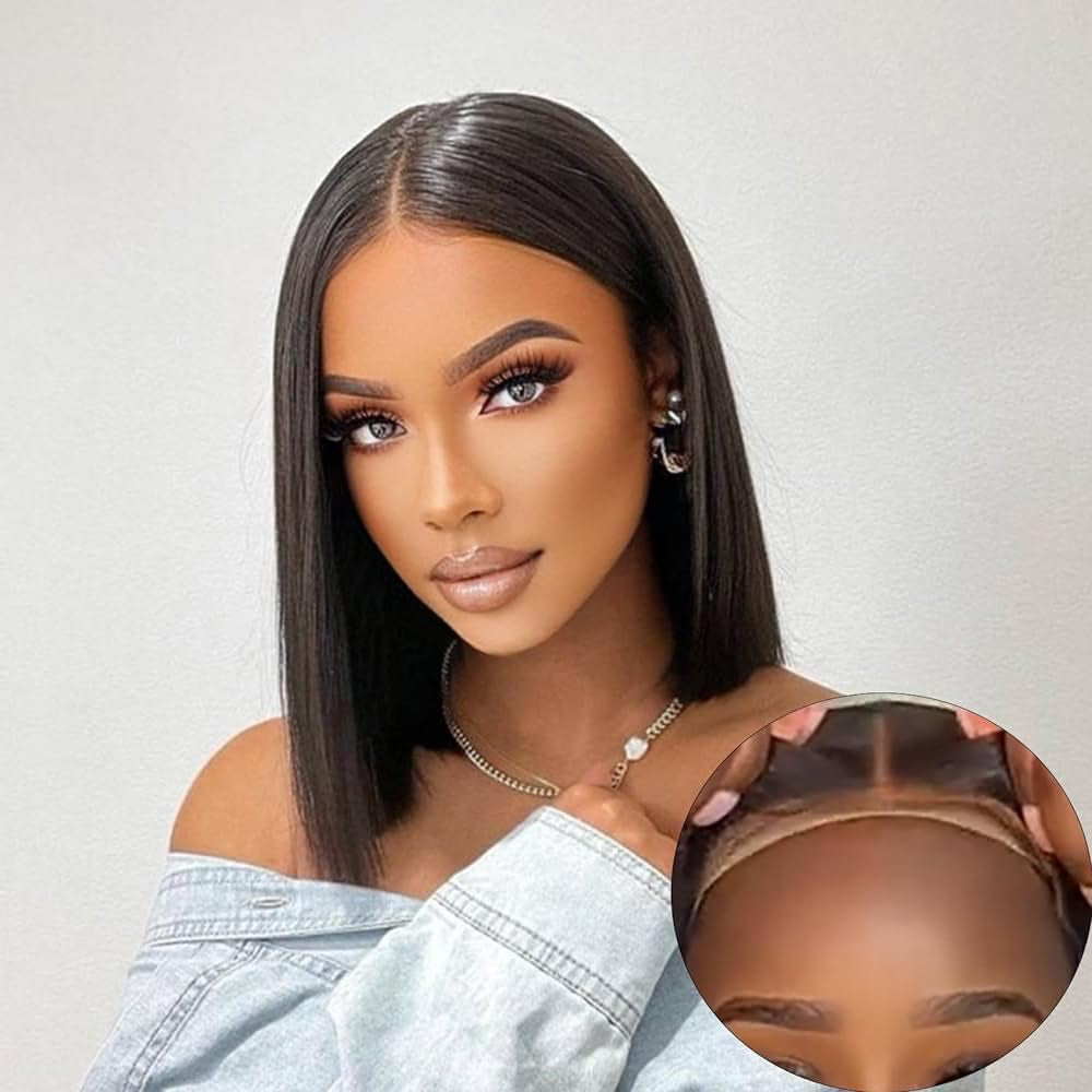 Wear and Go Bob Wig Human Hair 4X4 HD Transparent Lace Closure Pre Cut Plucked Short Straight Glueless Wigs Black 150% Density Brazilian Wigs Middle Part Bob Wig