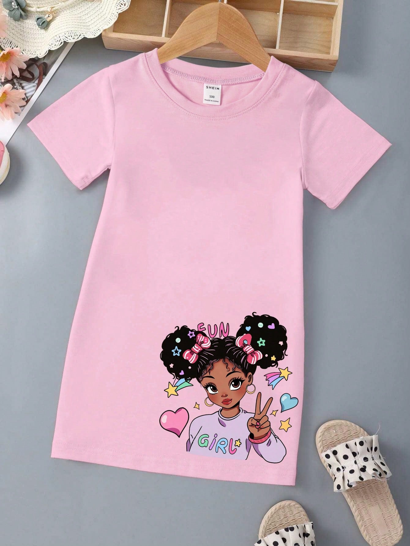 Young Girl Fashionable and Cute Short Sleeve T-Shirt Dress with Bowknot and Little Girl Print