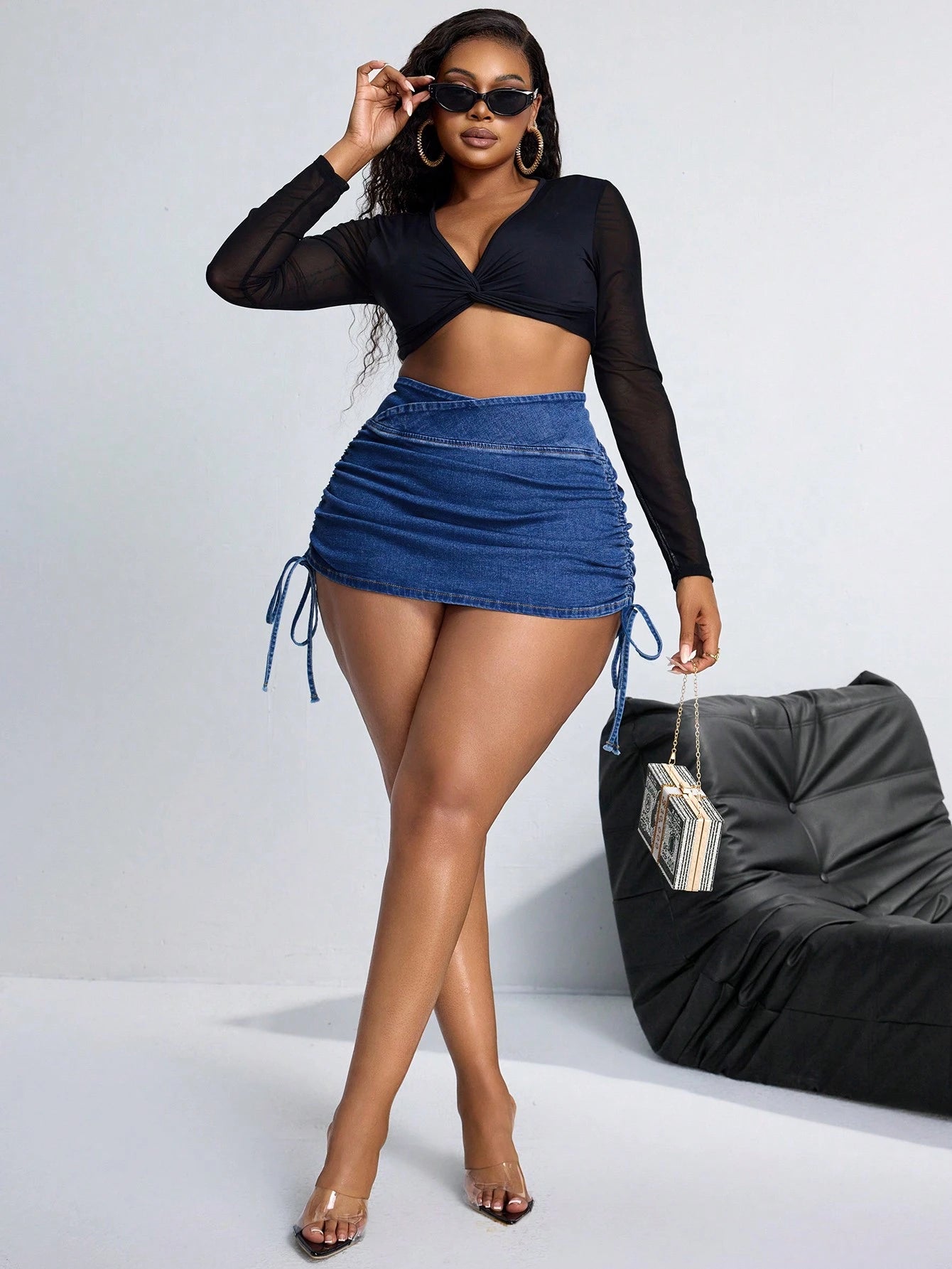 SXY plus Size Women Asymmetric Waist Drawstring Bodycon Denim Mini Skirt