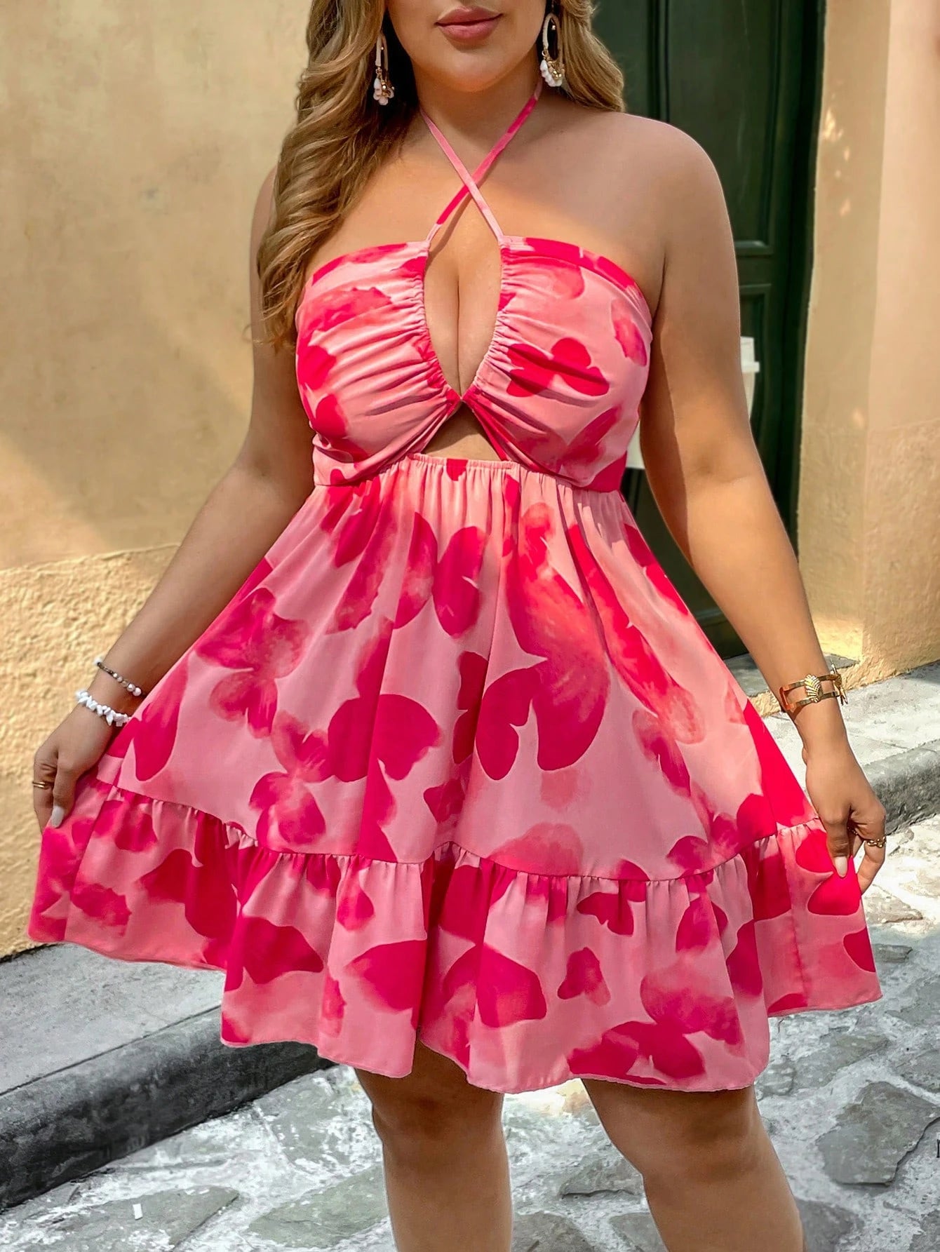 VCAY plus Size Vacation Romantic Pink Butterfly Print Backless A-Line Short Dress