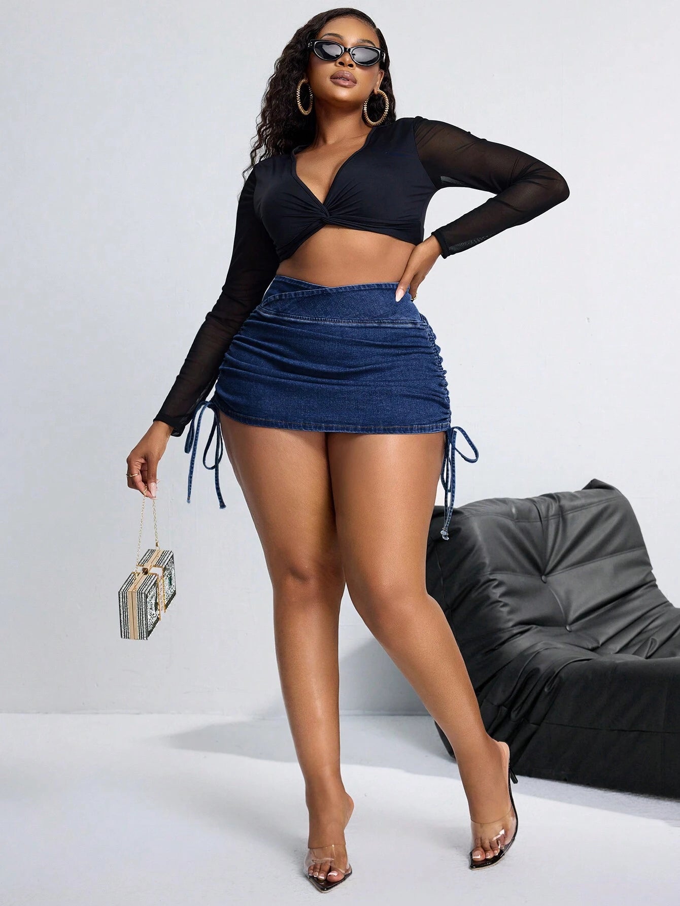 SXY plus Size Women Asymmetric Waist Drawstring Bodycon Denim Mini Skirt