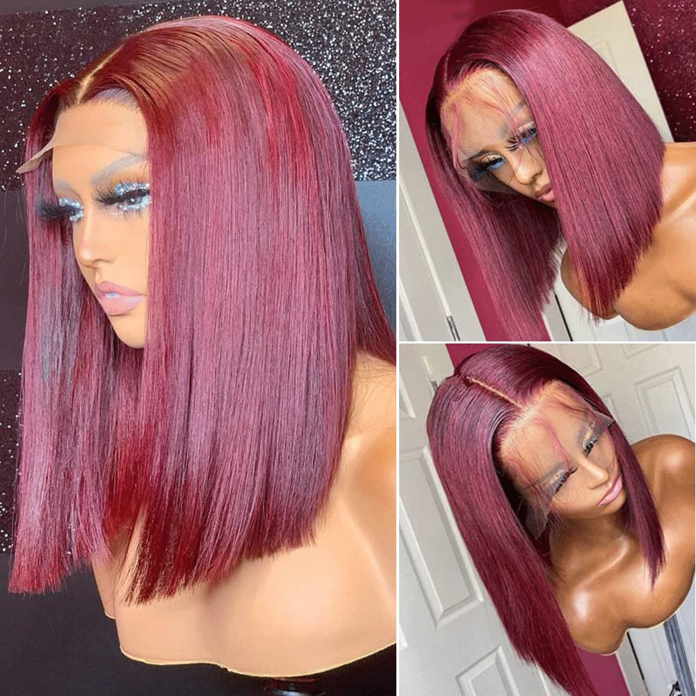 HD Lace Short Bob Wigs for Black Women T Part 99J Burgundy Human Hair Wigs Pre Plucked Straight 13X6X1 Transparent Lace Front Wigs Human Hair with Baby Hair 150% Density Bleached Knots 14 Inch