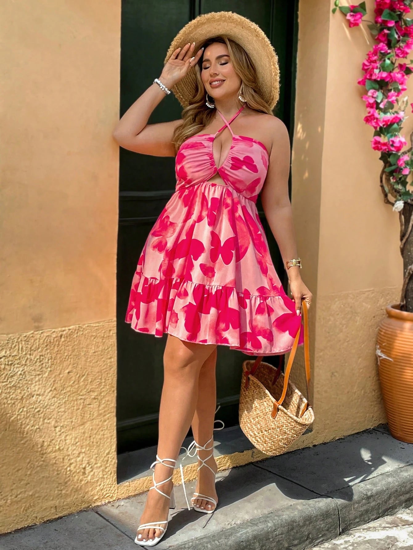 VCAY plus Size Vacation Romantic Pink Butterfly Print Backless A-Line Short Dress