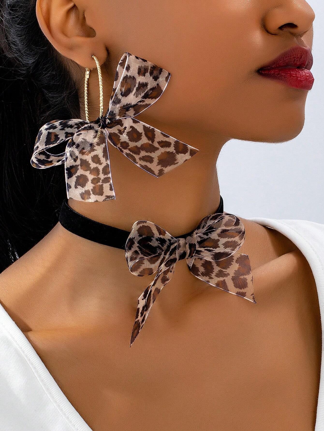 1 Pair Exaggerated Leopard Print Ribbon Bow Hoop Earrings, Suitable for Women to Wear in Banquet, Party and Wedding Valentines