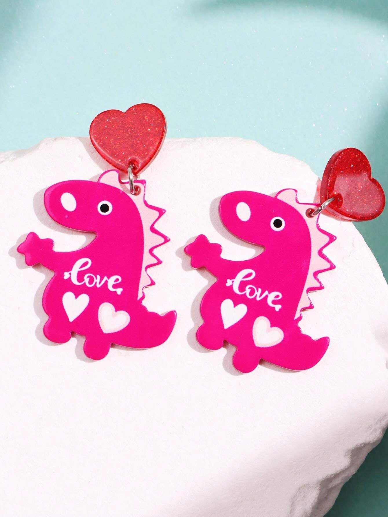 1Pair Cute & Fashionable Acrylic Sparkly Pink Leopard Print Heart Shaped Dangle Earrings for Women Valentines