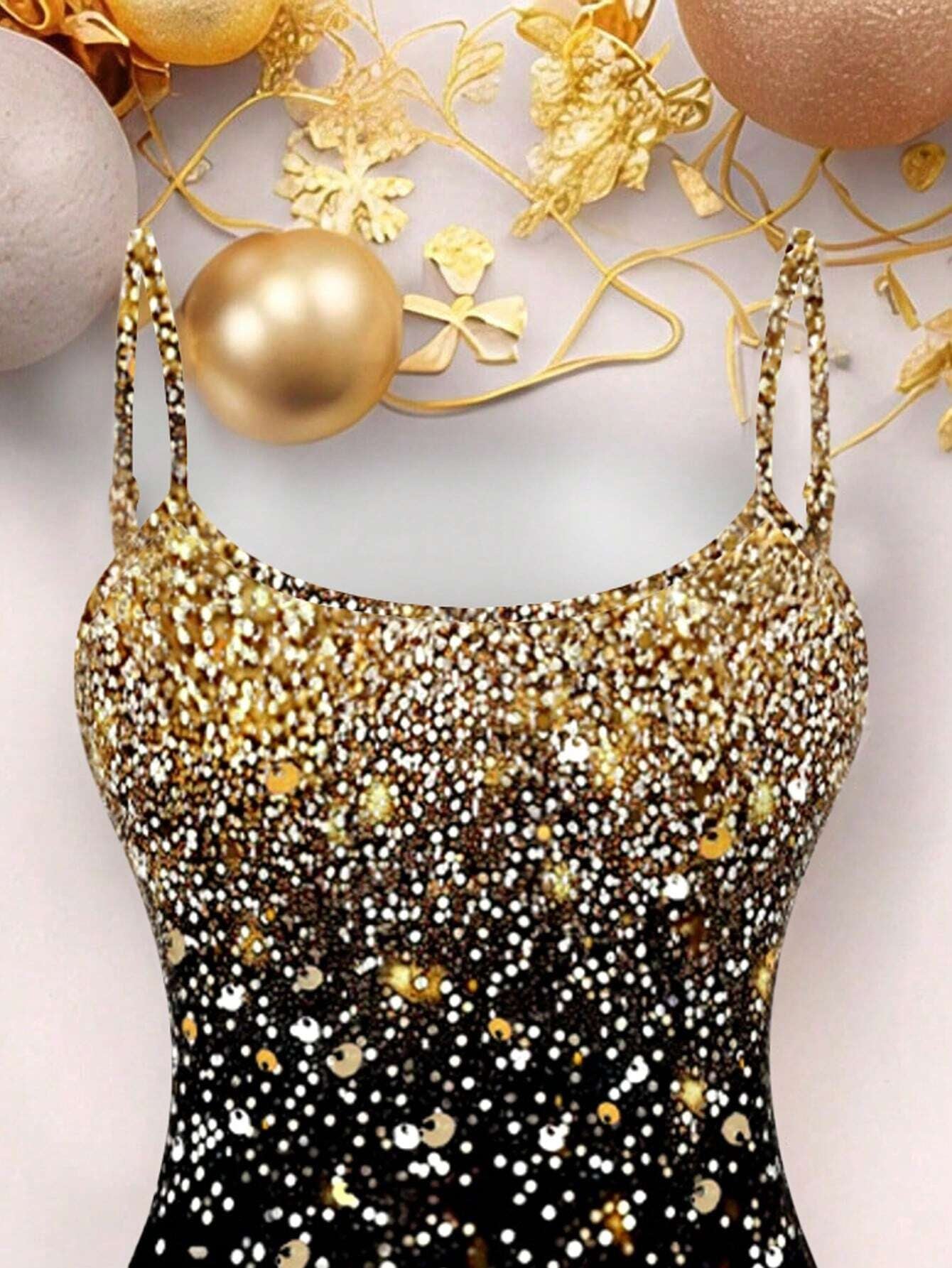 Ezwear Casual Party Glitter Sequin Design Simple Mini Bodycon Gold Cami Dress for Women, Suitable for Party Occasions