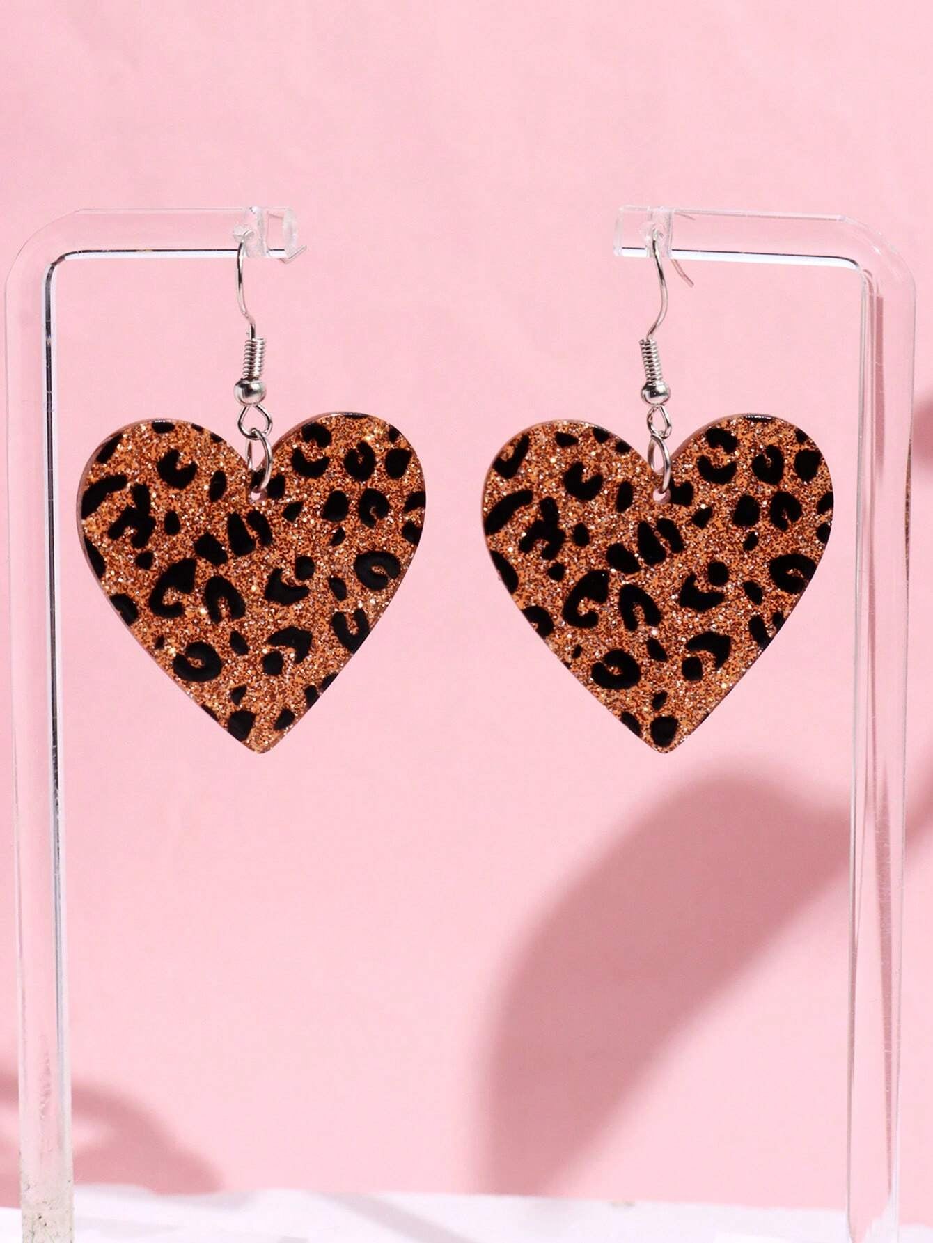 1Pair Cute & Fashionable Acrylic Sparkly Pink Leopard Print Heart Shaped Dangle Earrings for Women Valentines